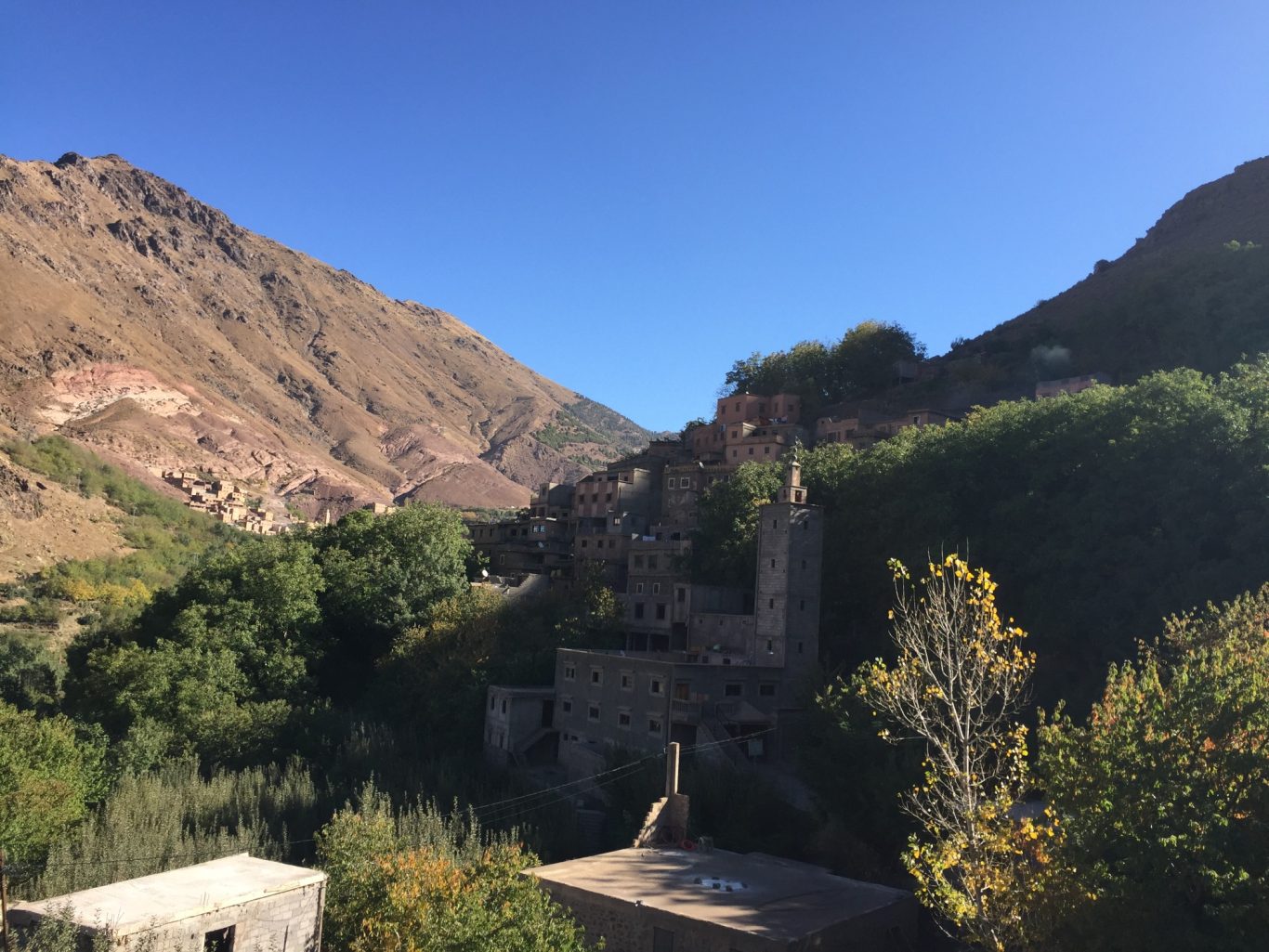 Mountain landscape with green foliage and ancient ruins nestled in the valley.