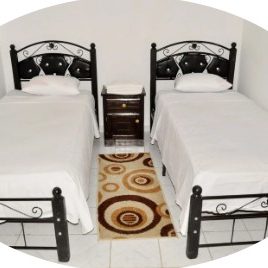 Two single beds with white bedding and a nightstand between them on a patterned rug.
