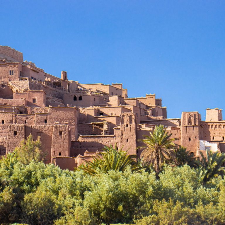 Ancient adobe buildings on a hillside, surrounded by palm trees and a clear blue sky.
