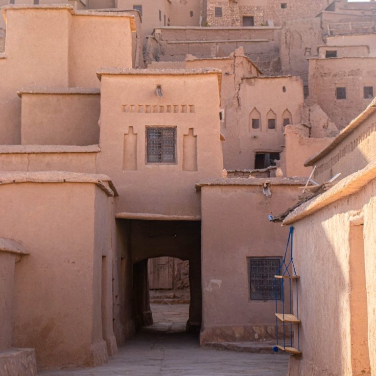 Narrow passageway between adobe buildings in a desert town.