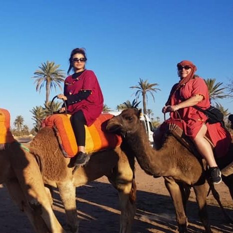 Two women riding camels in a desert landscape with palm trees.