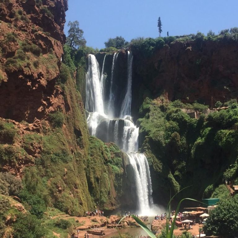 A stunning waterfall cascading down rocky cliffs, surrounded by lush greenery.