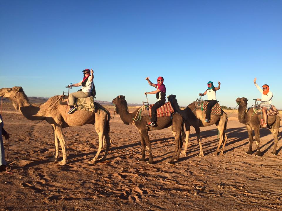 Four people riding camels in a desert landscape under a clear blue sky.