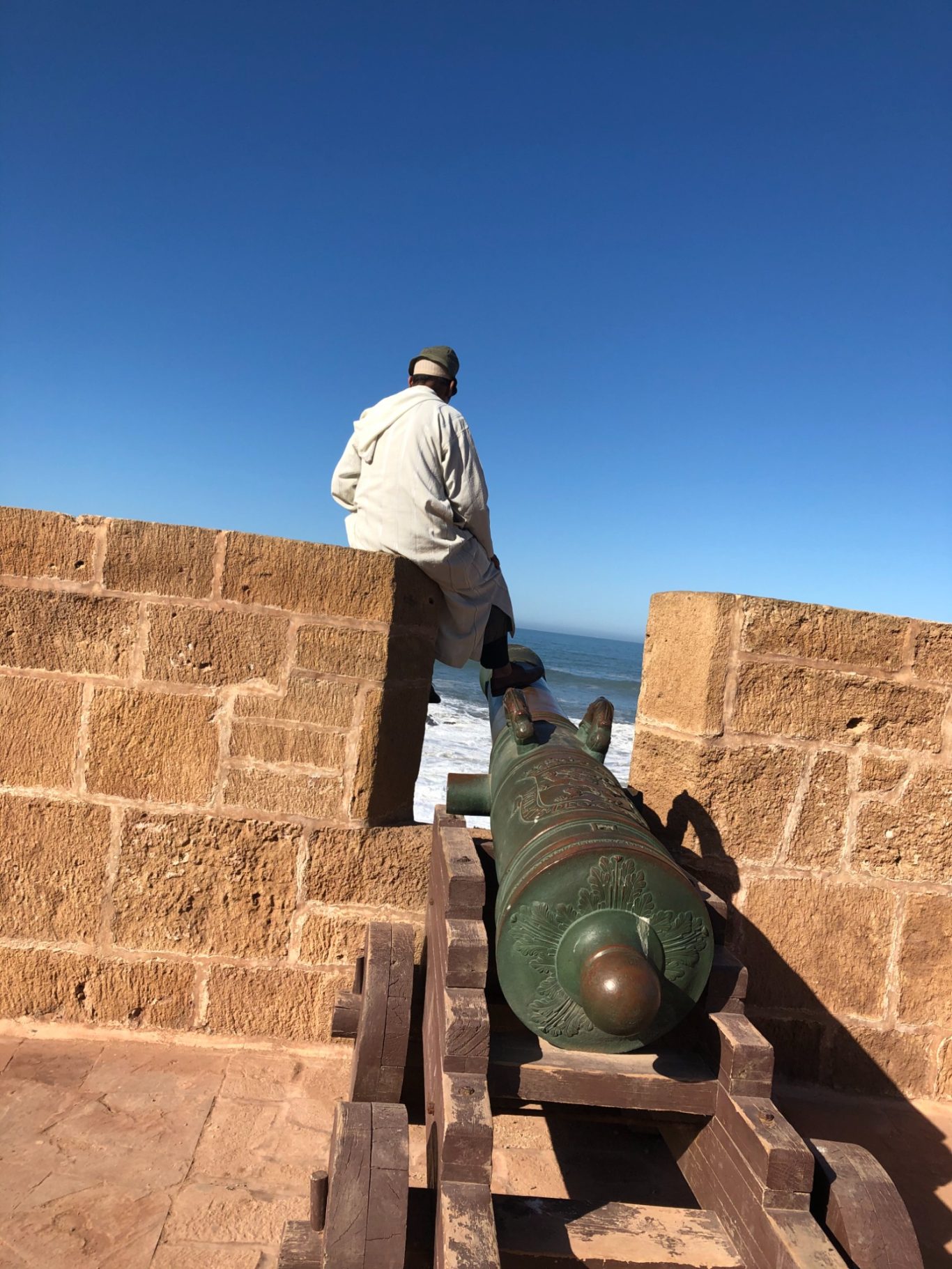 A person sitting on a stone wall beside a cannon, overlooking the sea.