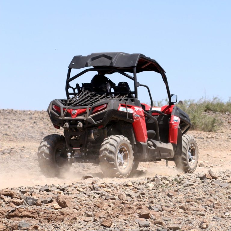 Red all-terrain vehicle driving on a rocky dirt path in a desert landscape.